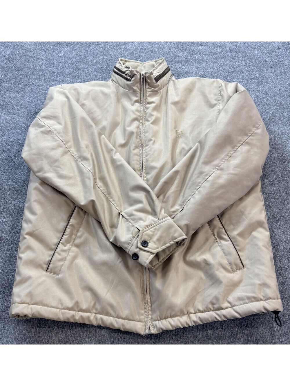 Chaps Men's Jacket Large Beige Hidden Hood Mock Neck Long Sleeve Full Zip Jacket